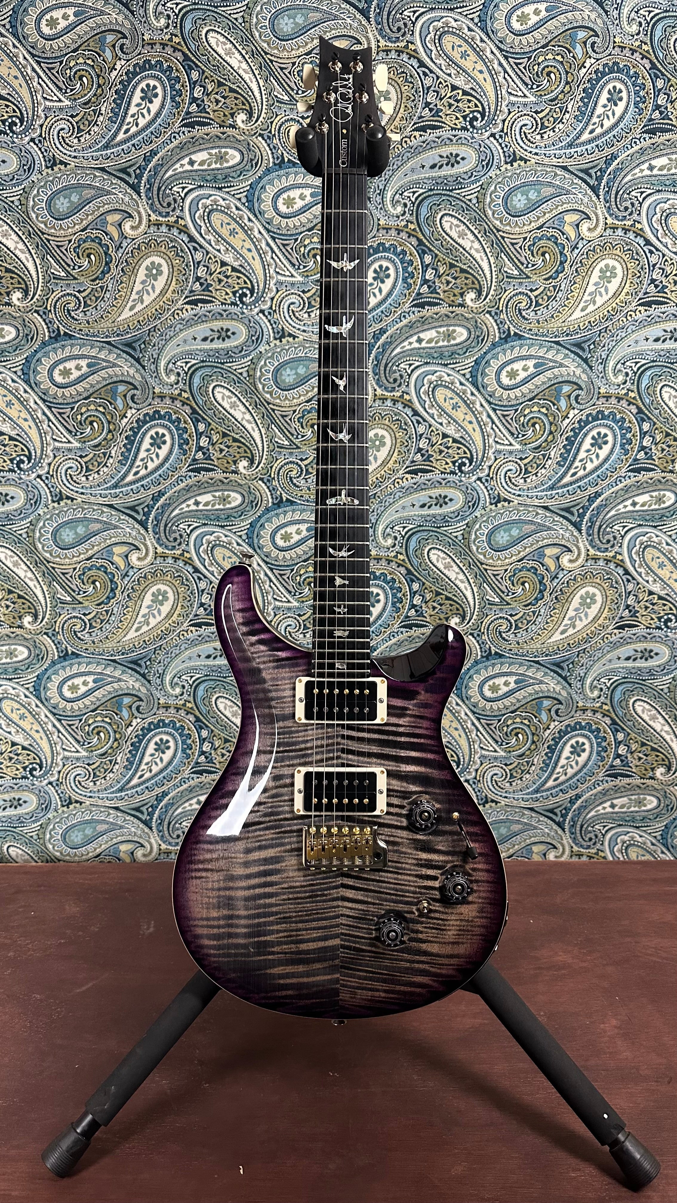 PRS Wood Library Custom 24 Piezo 10-Top Flame Charcoal Purple Burst w/ Figured Stained Neck